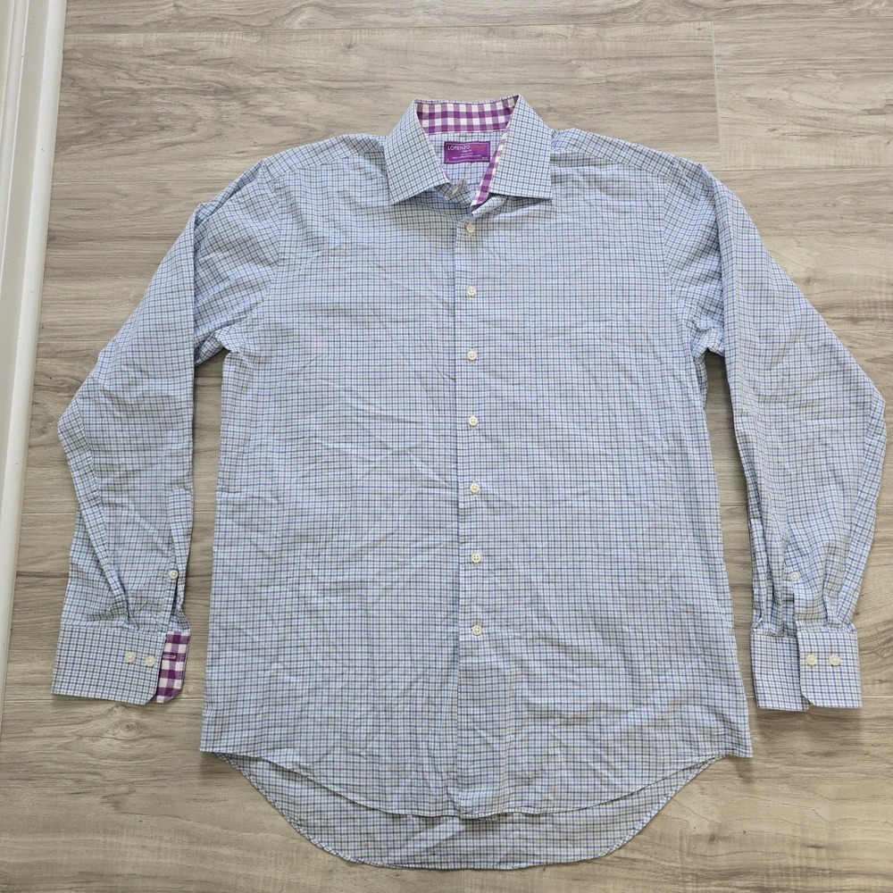 Lorenzo Uomo Button down Dress Shirt Mens 16 34/35 Trim Fit Purple Green Check